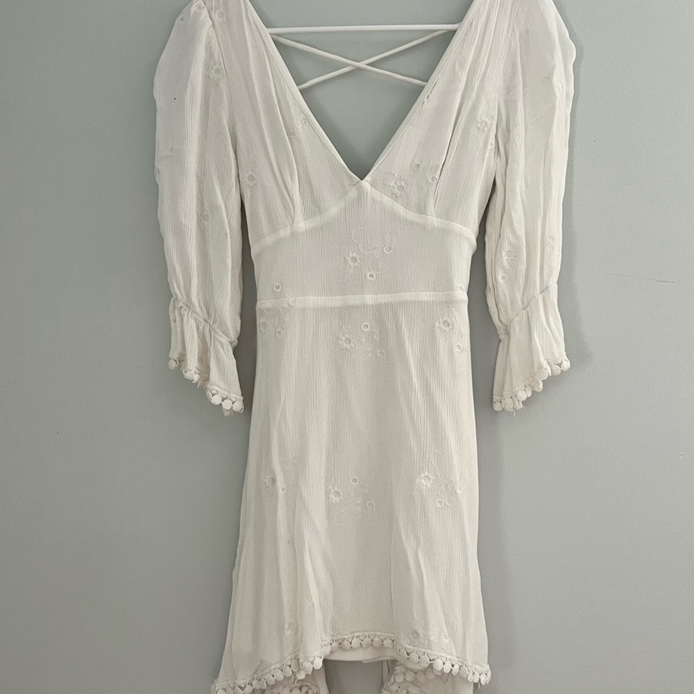 Lulu's White Embroidered Mini Dress with Crisscross Back